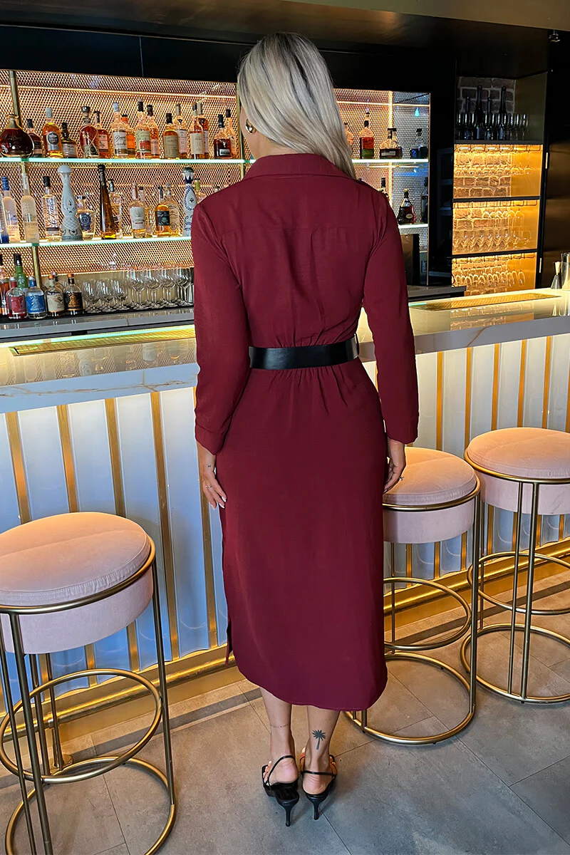 Wine Button Front Belted Shirt Midi Dress - Image 5