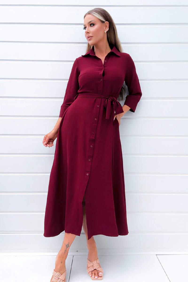 Wine Button Up Midi Shirt Dress - Image 2