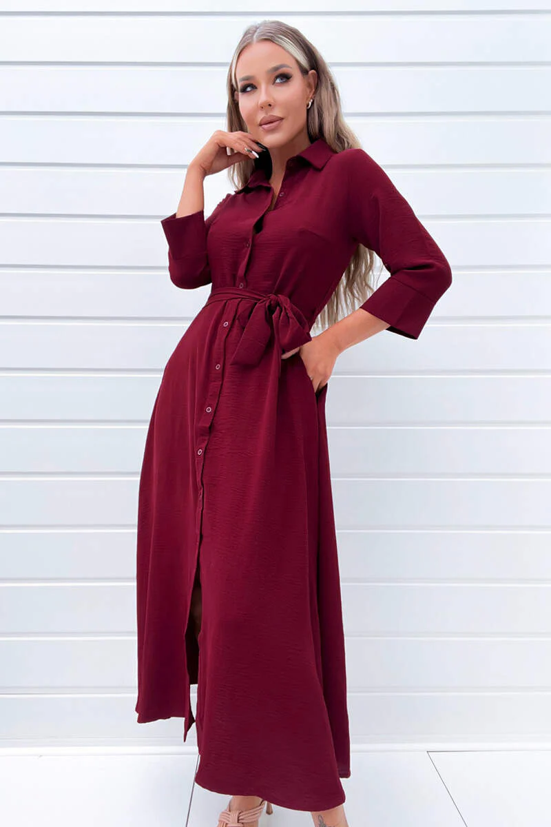 Wine Button Up Midi Shirt Dress - Image 3