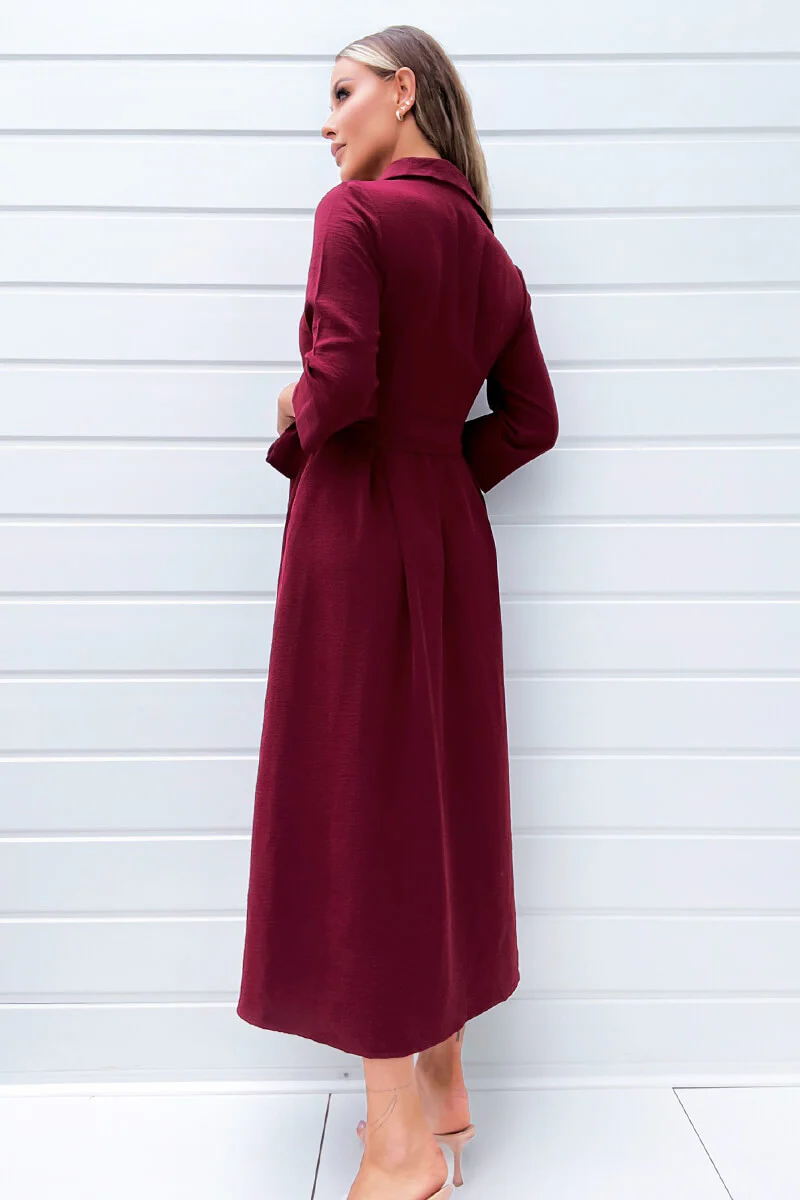 Wine Button Up Midi Shirt Dress - Image 4
