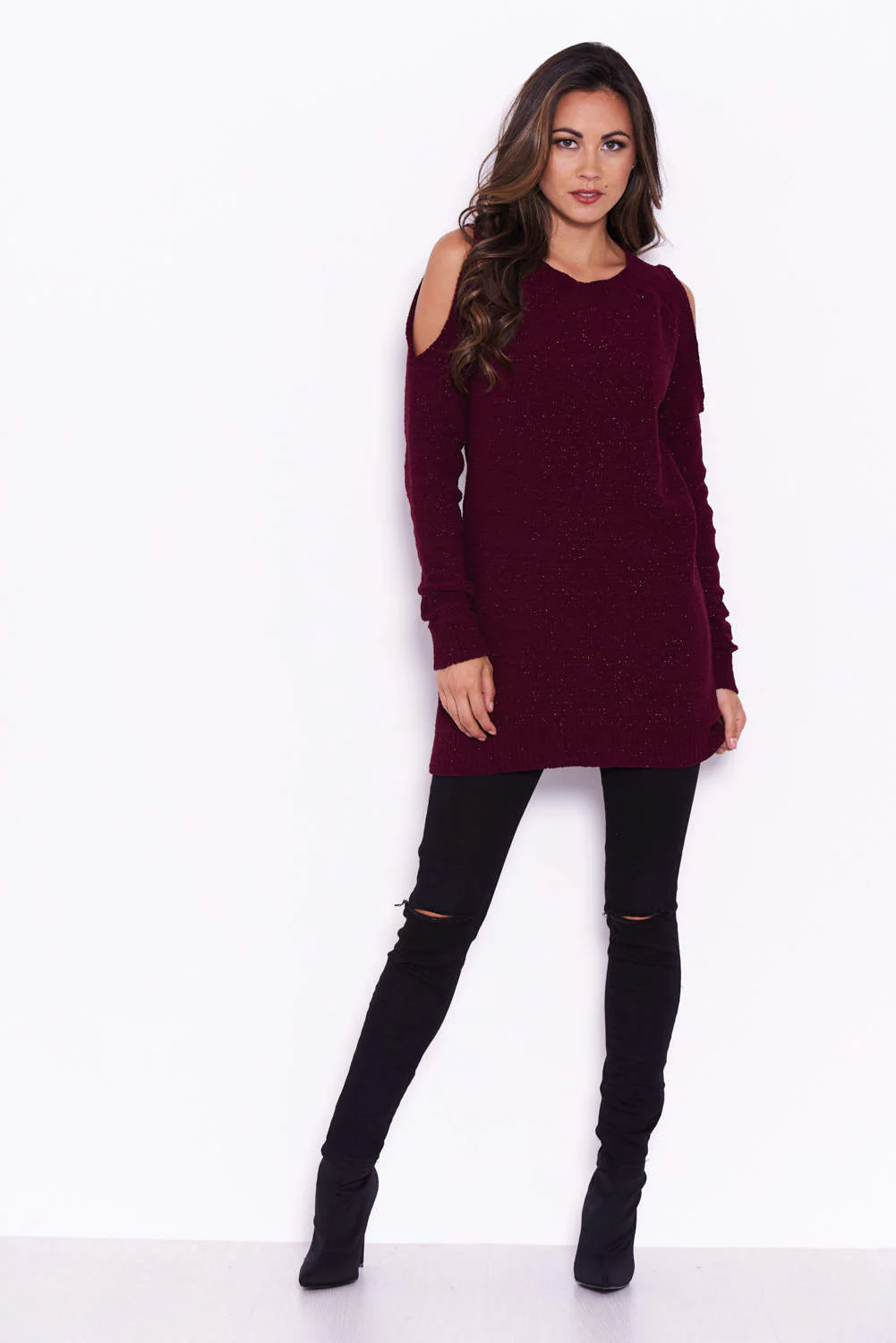 Wine Chenille Jumper With Cold Shoulder - Image 2