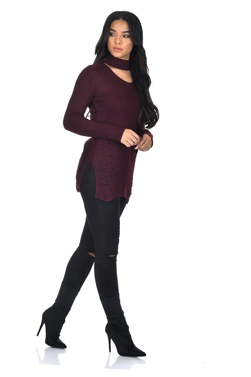 Wine Choker Ladder Cable Knit Jumper - Image 2