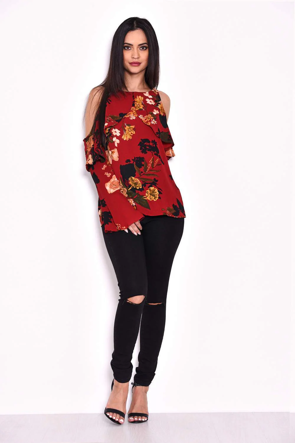 Wine Flare Sleeve Cold Shoulder Top - Image 2