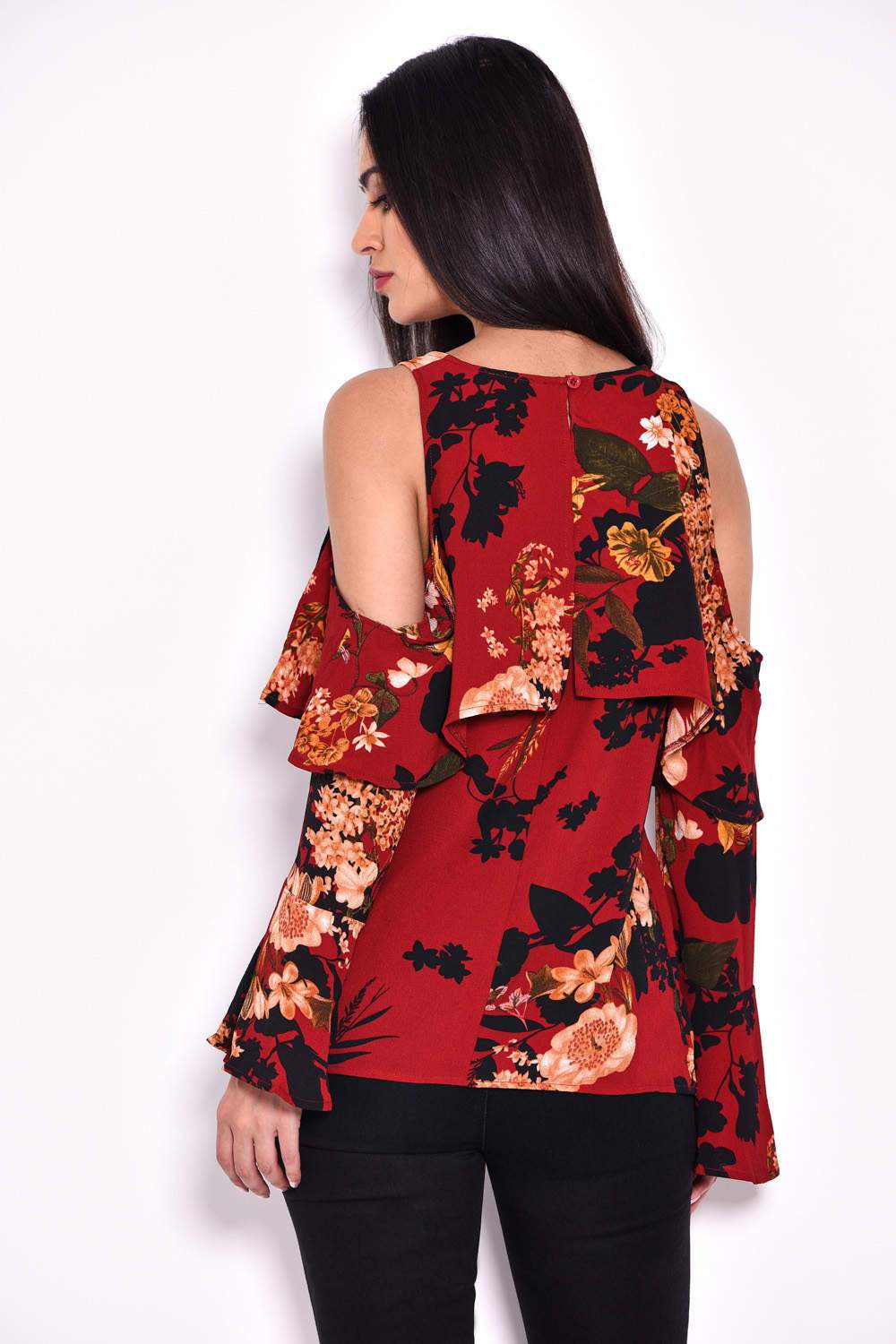 Wine Flare Sleeve Cold Shoulder Top - Image 3