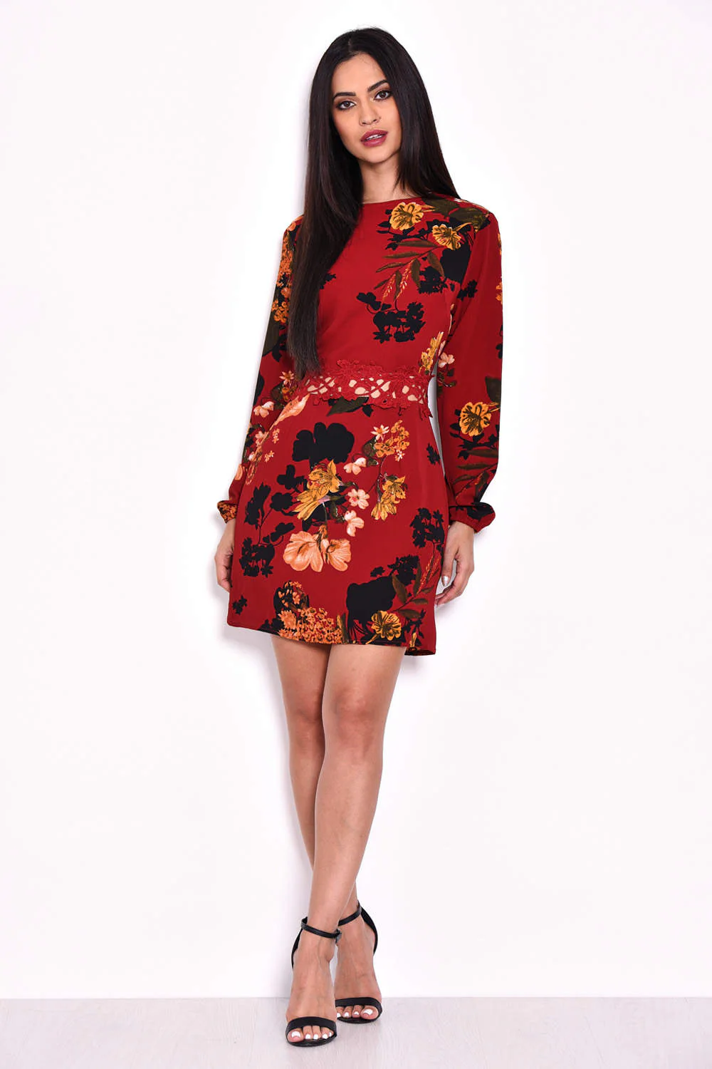 Wine Floral Crochet Waist Dress - Image 2
