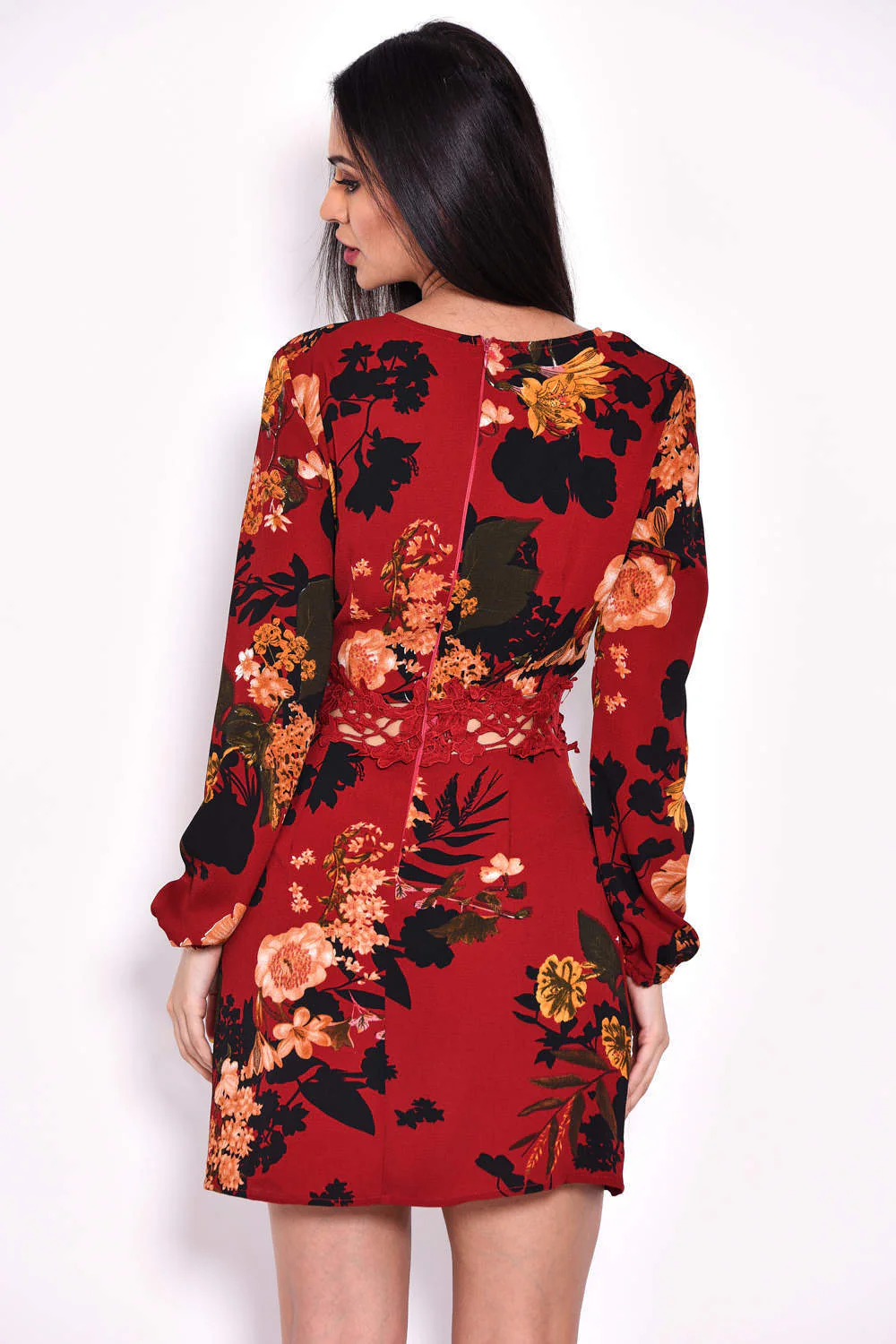 Wine Floral Crochet Waist Dress - Image 3