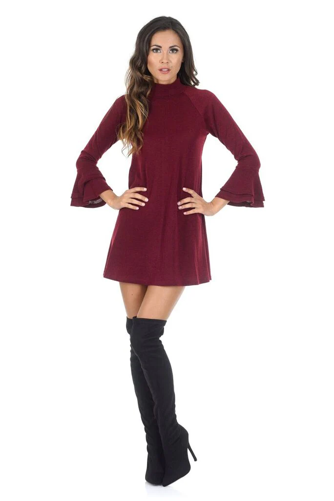 Wine High Neck A-line Dress With Flared Cuffs - Image 2