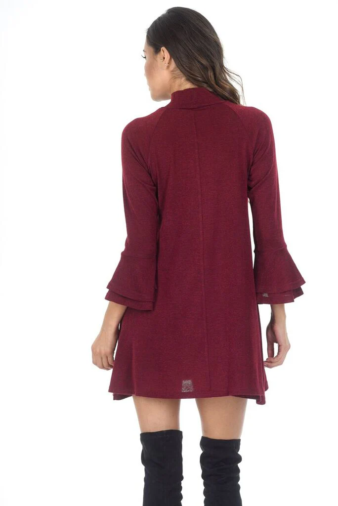 Wine High Neck A-line Dress With Flared Cuffs - Image 3