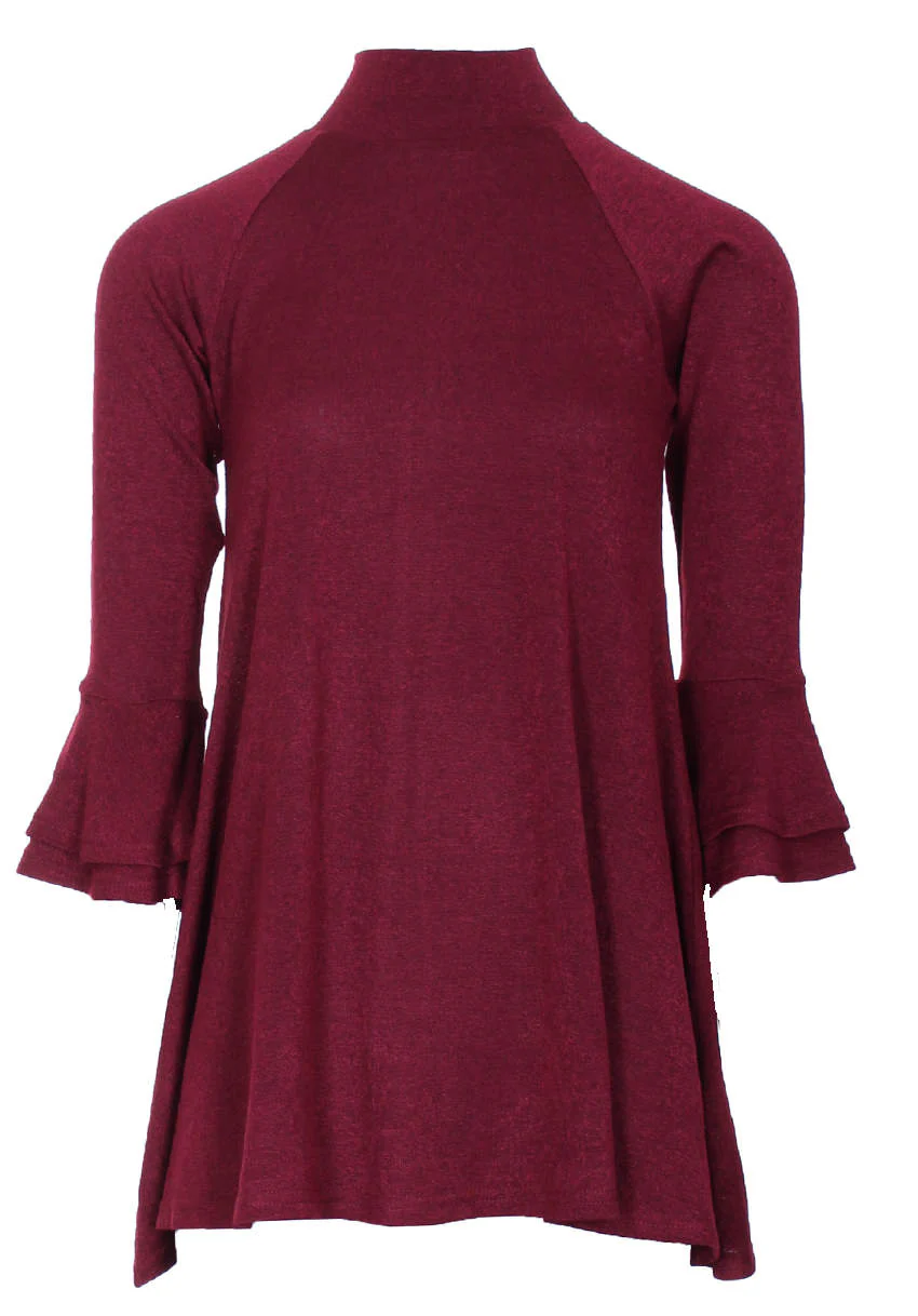 Wine High Neck A-line Dress With Flared Cuffs - Image 4