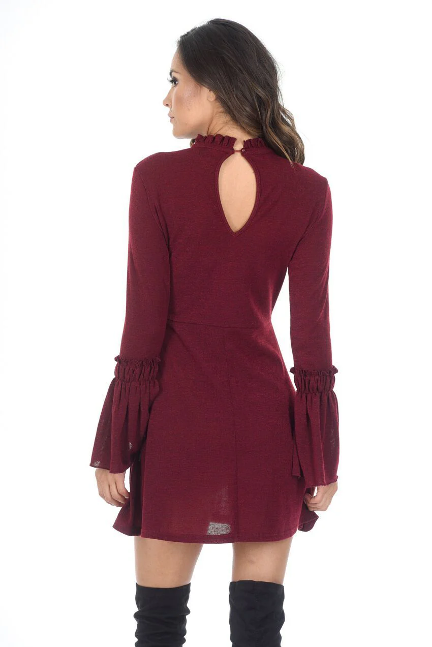Wine High Neck Bell Sleeve Tunic - Image 3