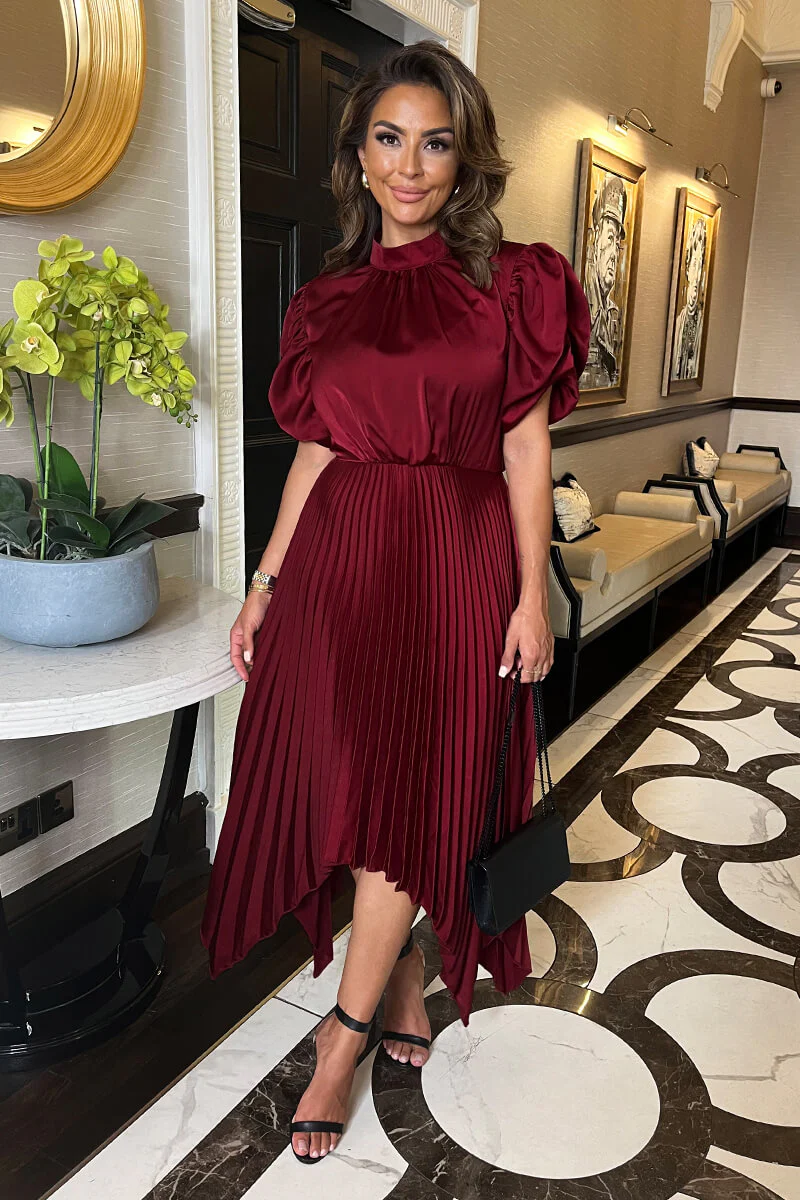 Wine High Neck Puff Sleeve Zig Zag Hem Pleated Midi Dress - Image 2
