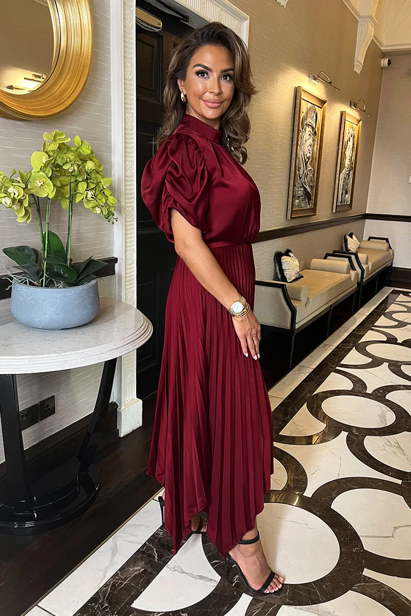 Wine High Neck Puff Sleeve Zig Zag Hem Pleated Midi Dress - Image 3