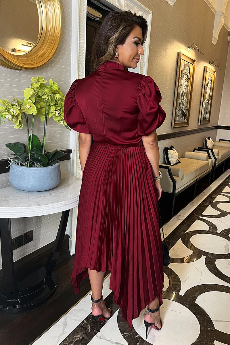 Wine High Neck Puff Sleeve Zig Zag Hem Pleated Midi Dress - Image 4