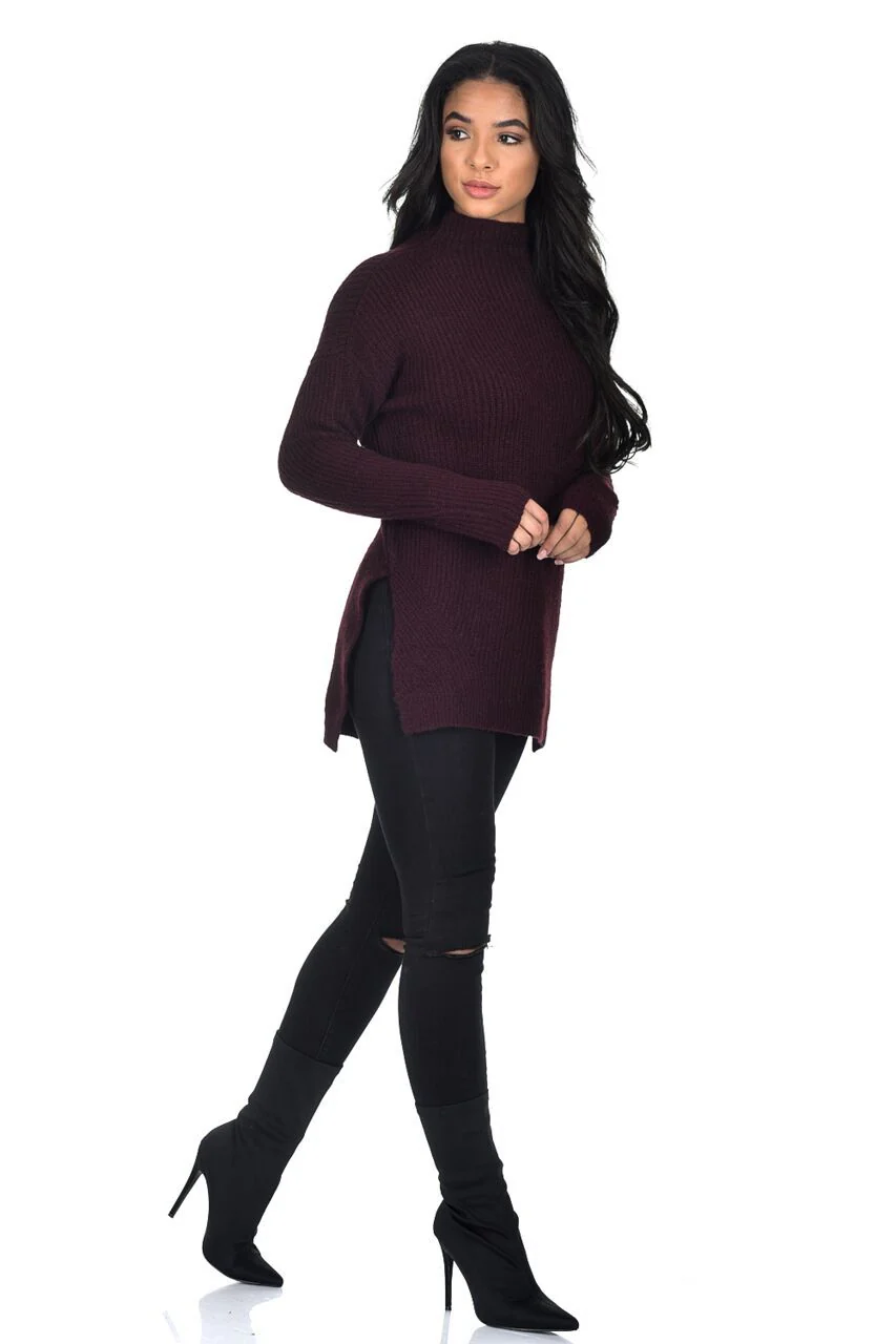 Wine High Neck Side Split Jumper - Image 2
