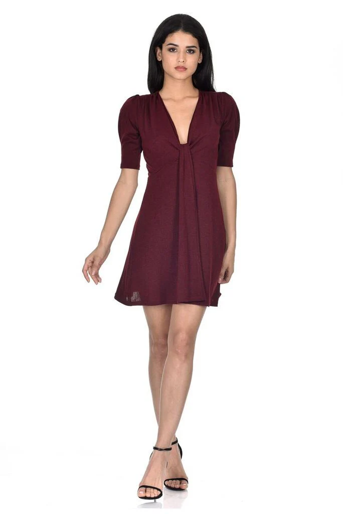 Wine Knitted Knot Front Dress - Image 2