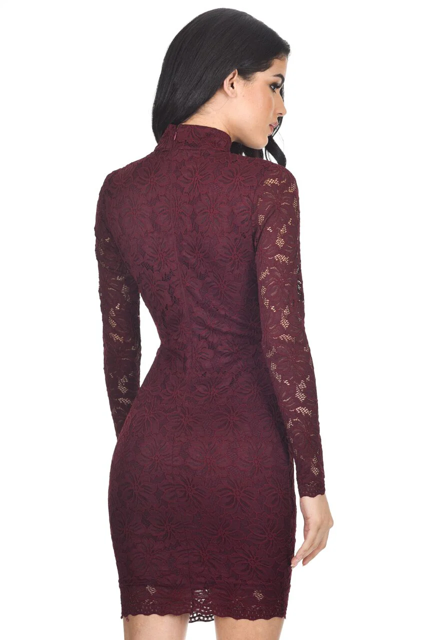 Wine Lace Choker Midi Dress - Image 3
