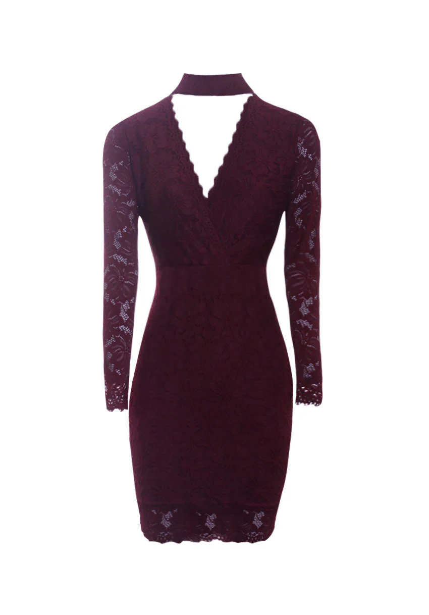Wine Lace Choker Midi Dress - Image 4