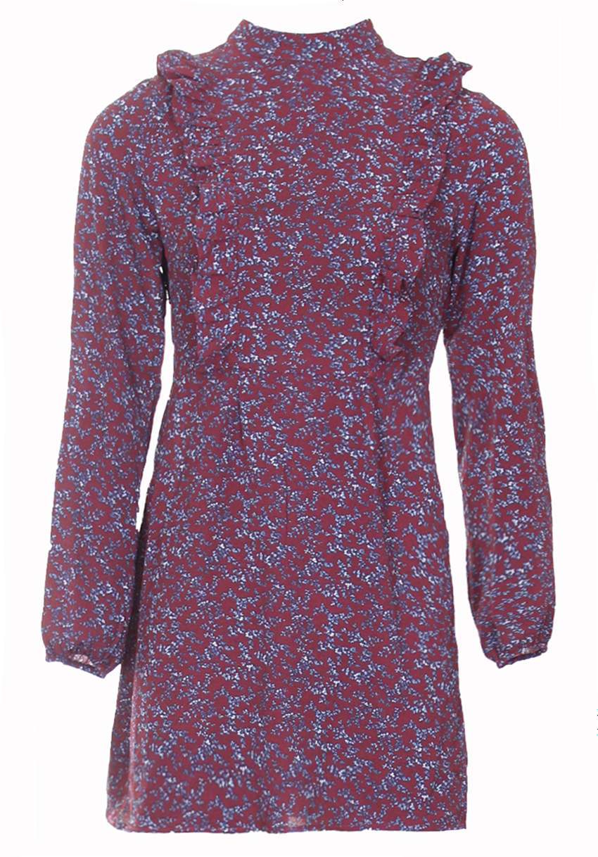 Wine Long Sleeve Frill Detail Skater Dress - Image 4