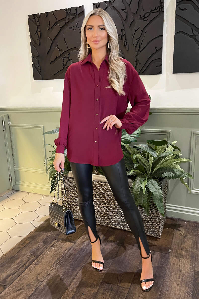 Wine Long Sleeve Gold Button Front Shirt - Image 3