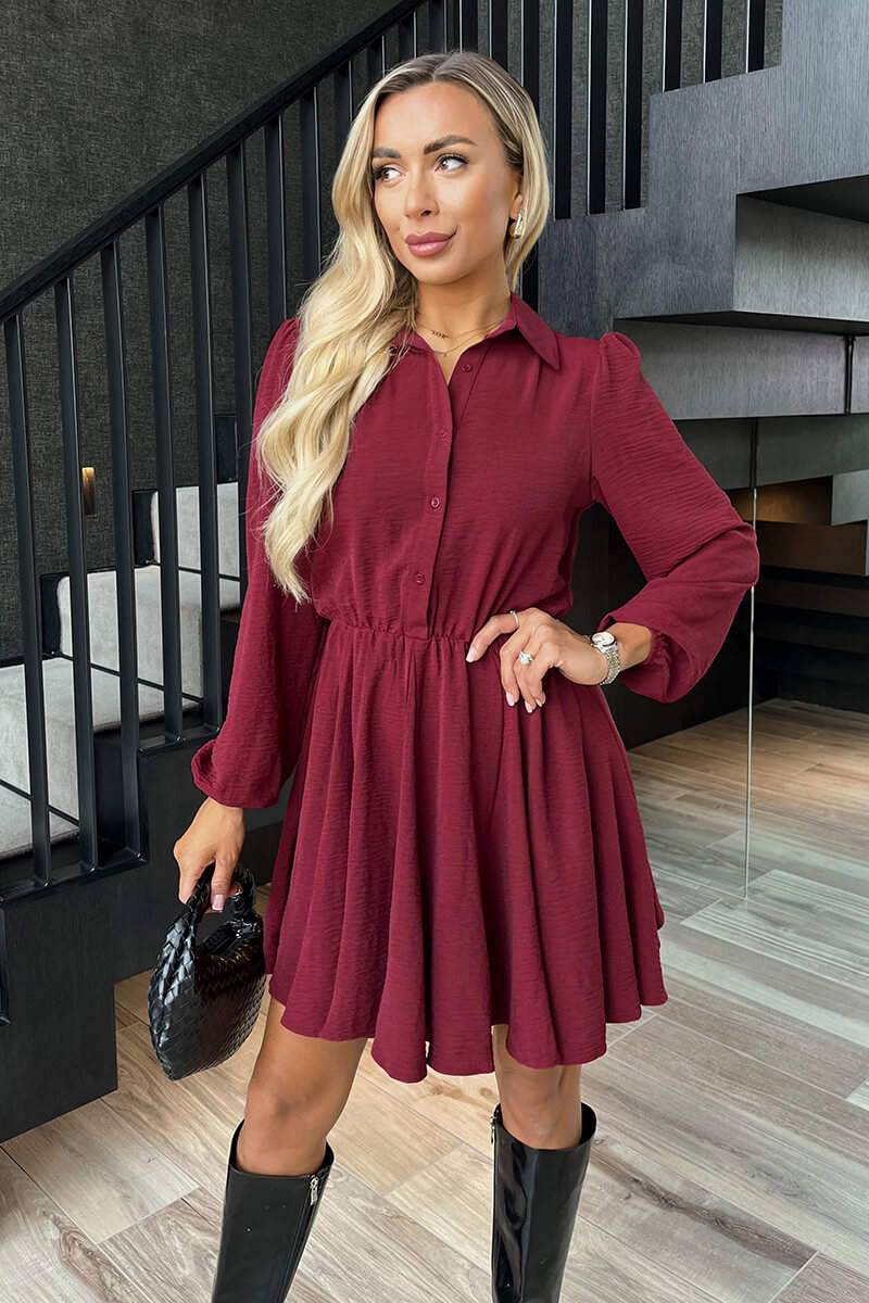 Wine Long Sleeve Mini Skater Dress - Image 3