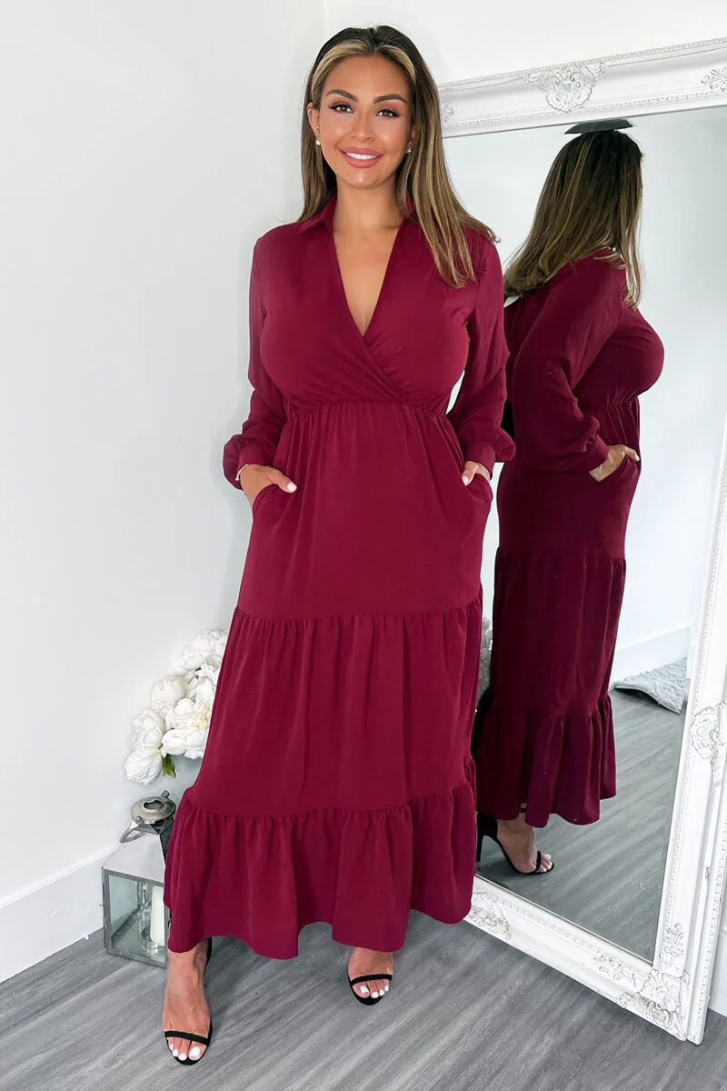 Wine Long Sleeve Wrap Top Smock Midi Dress - Image 2