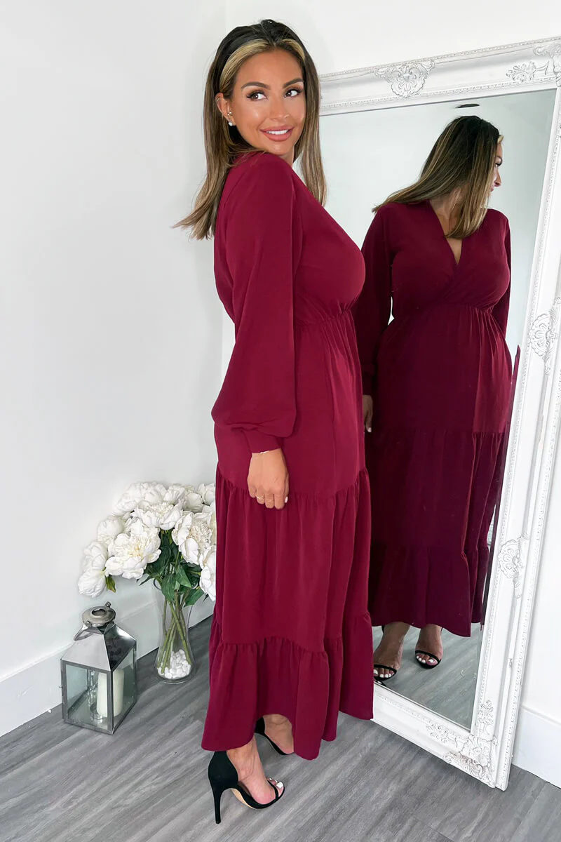 Wine Long Sleeve Wrap Top Smock Midi Dress - Image 5