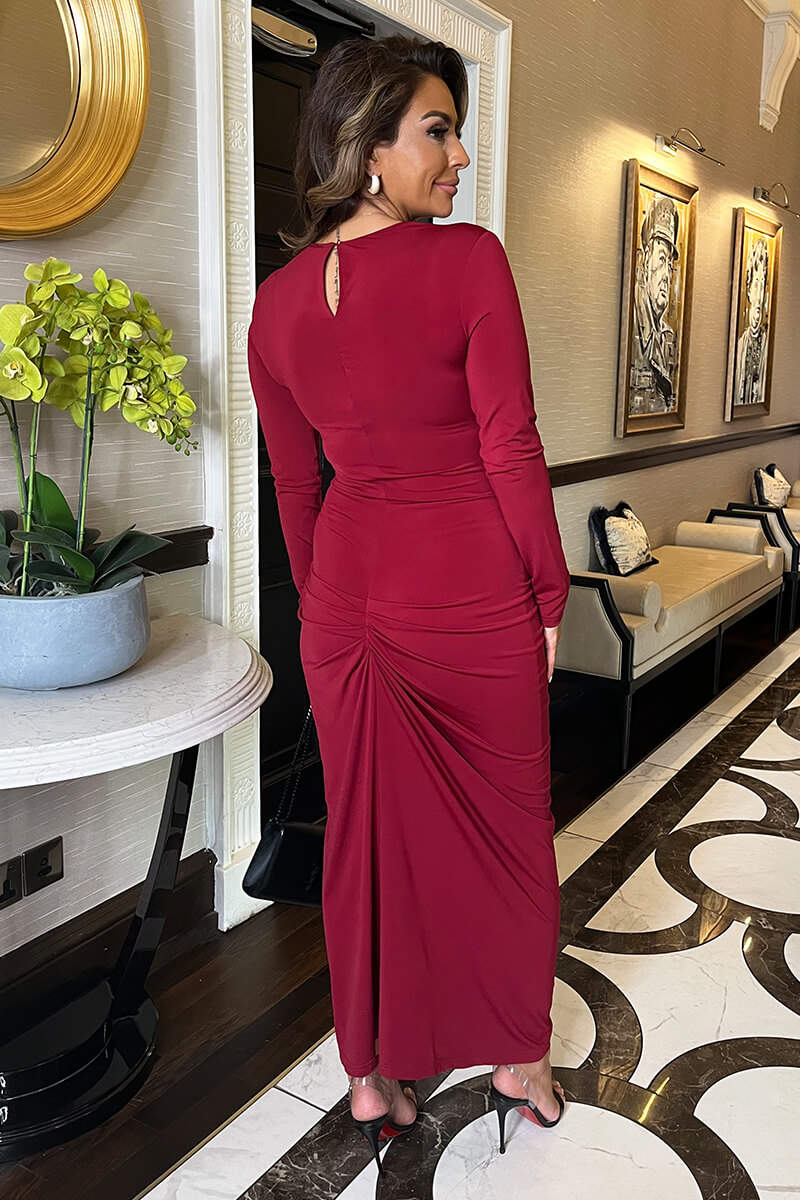 Wine Long Sleeves Knot Skirt Bodycon Midi Dress - Image 5