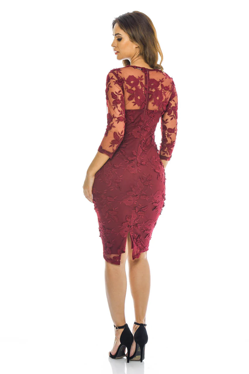 Wine Midi Floral Dress with Lace Detail - Image 4