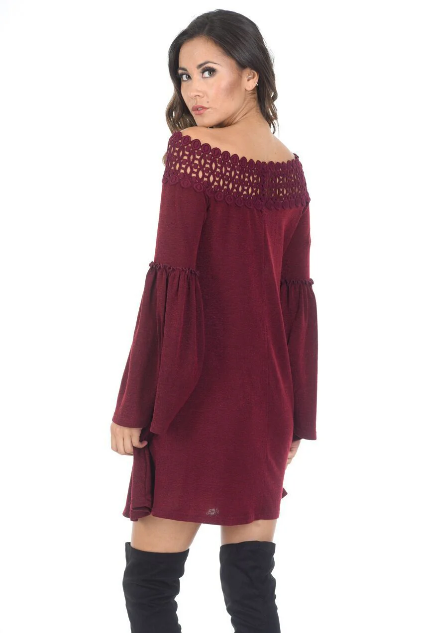 Wine Off The Shoulder Frill Swing Dress - Image 3
