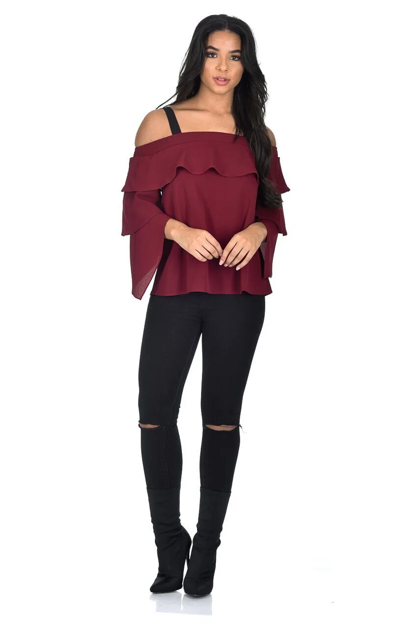 Wine Off The Shoulder Frill Top - Image 2