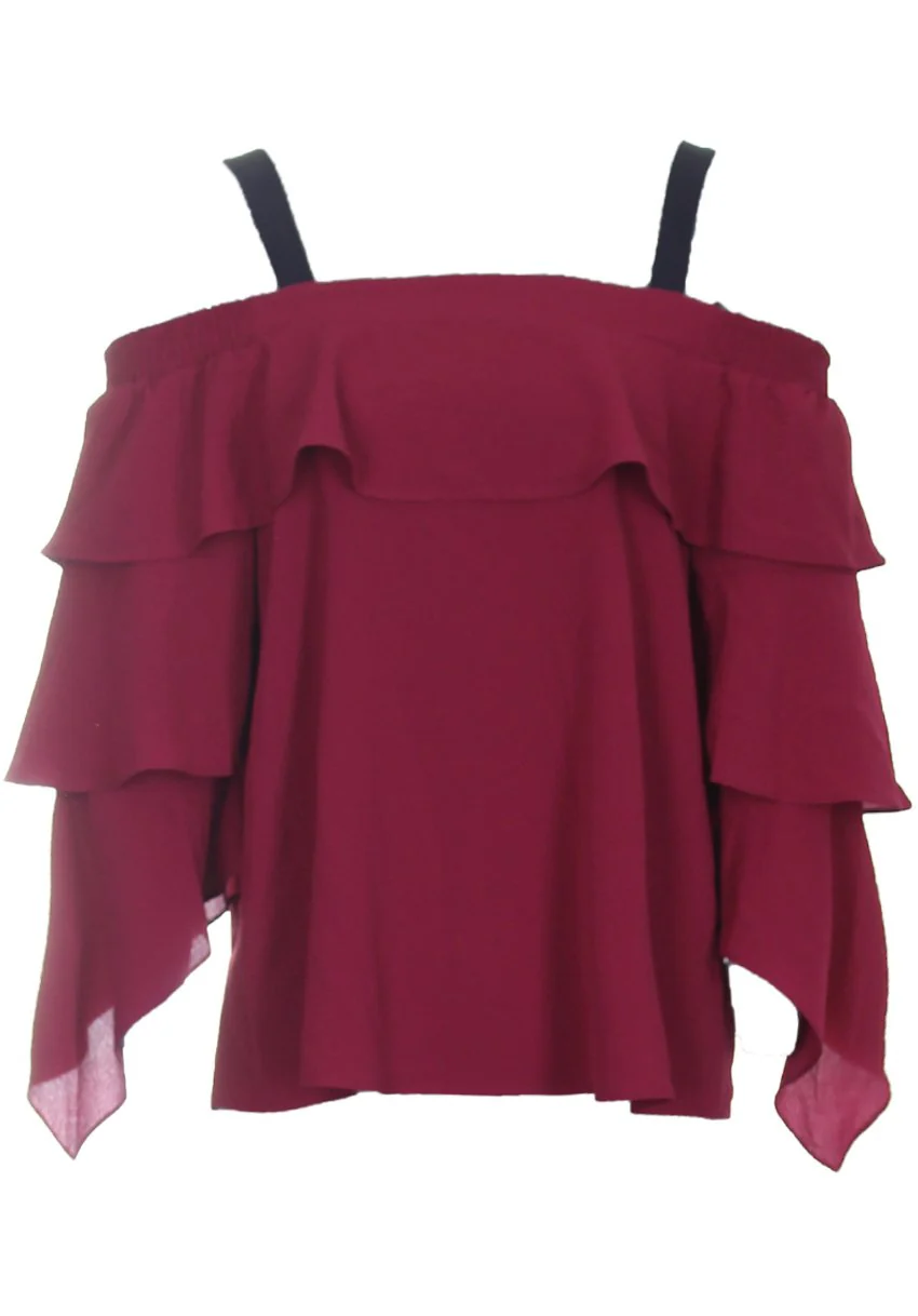 Wine Off The Shoulder Frill Top - Image 4