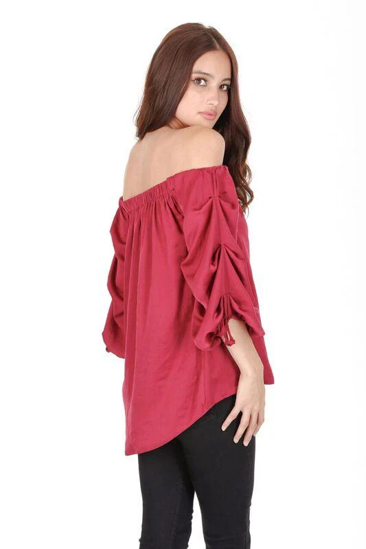 Wine Off The Shoulder Sleeve Detail Top - Image 3