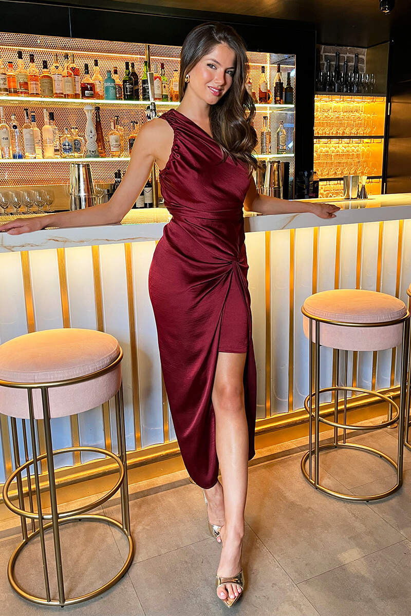 Wine One Shoulder Knot Skirt Satin Midi Dress - Image 2