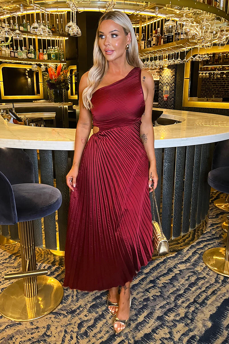 Wine One Shoulder Pleated Satin Midi Dress - Image 3