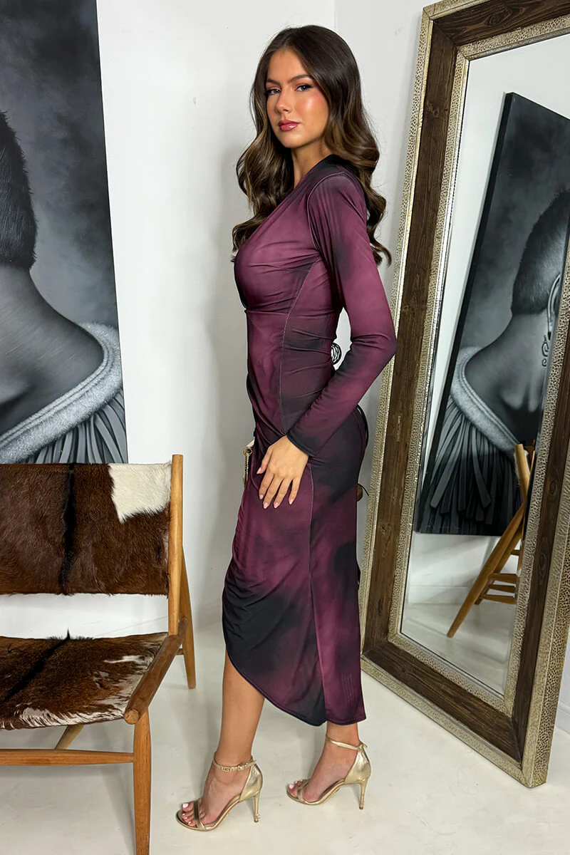 Wine Printed Long Sleeve Wrap Midi Dress - Image 4