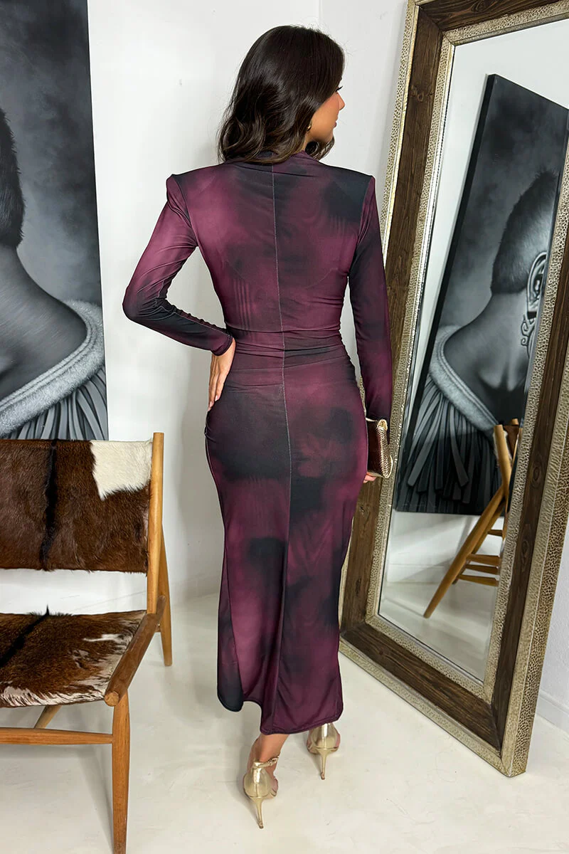 Wine Printed Long Sleeve Wrap Midi Dress - Image 5