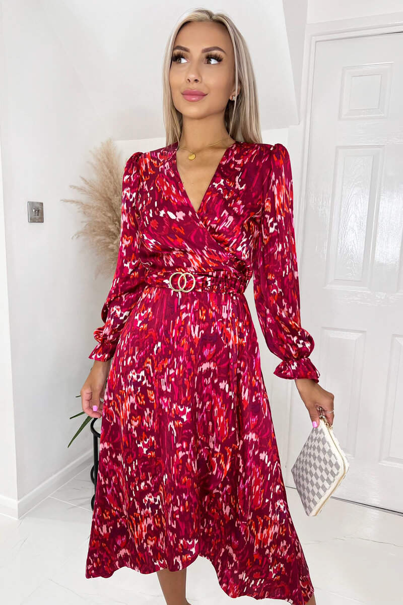 Wine Printed Long Sleeve Wrap Midi Dress With Belt - Image 3