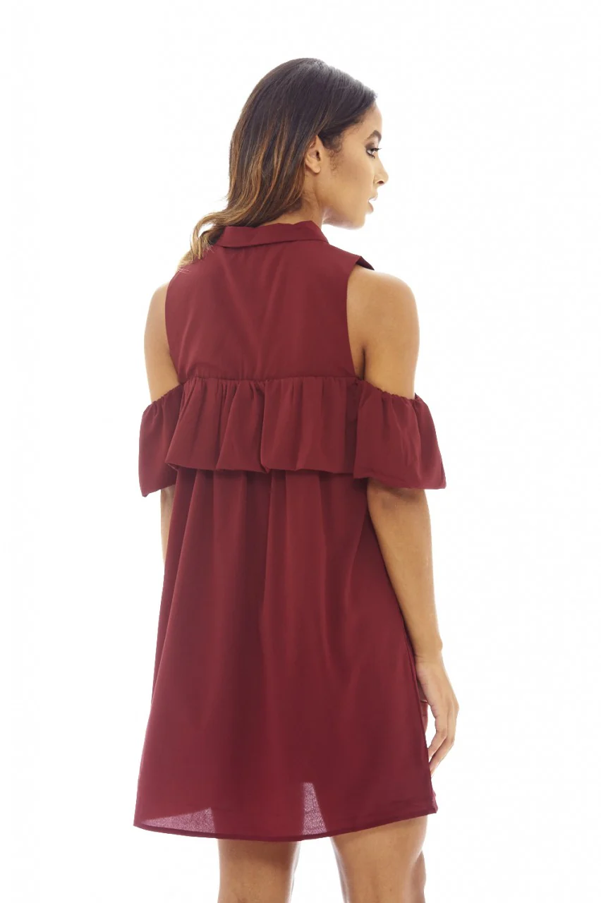 Wine Ruffle Cold Shirt Dress - Image 4