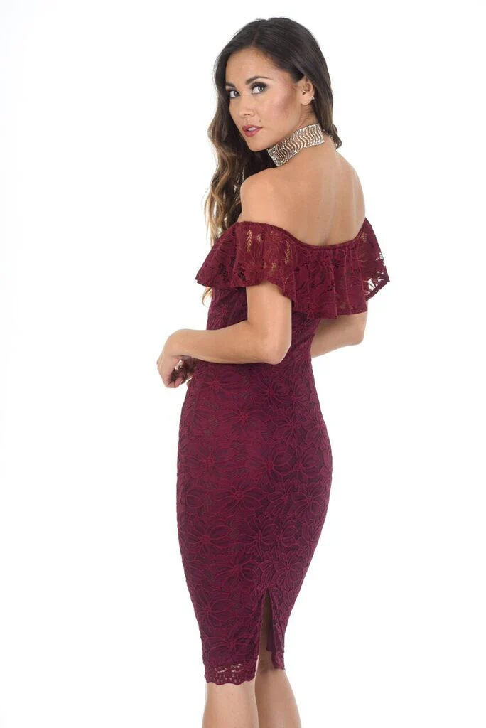 Wine Ruffled Off The Shoulder Lace Midi Dress - Image 3