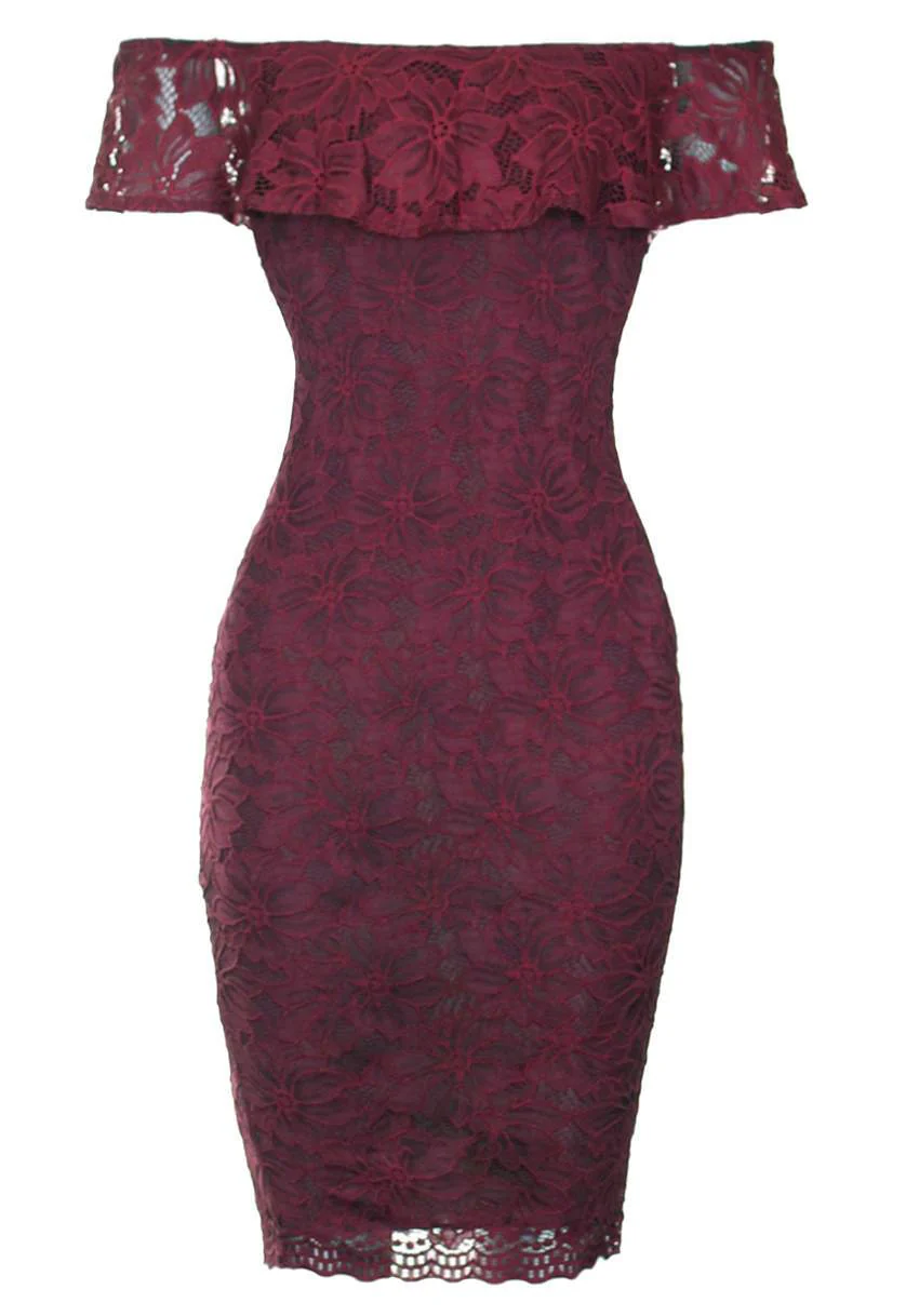 Wine Ruffled Off The Shoulder Lace Midi Dress - Image 4
