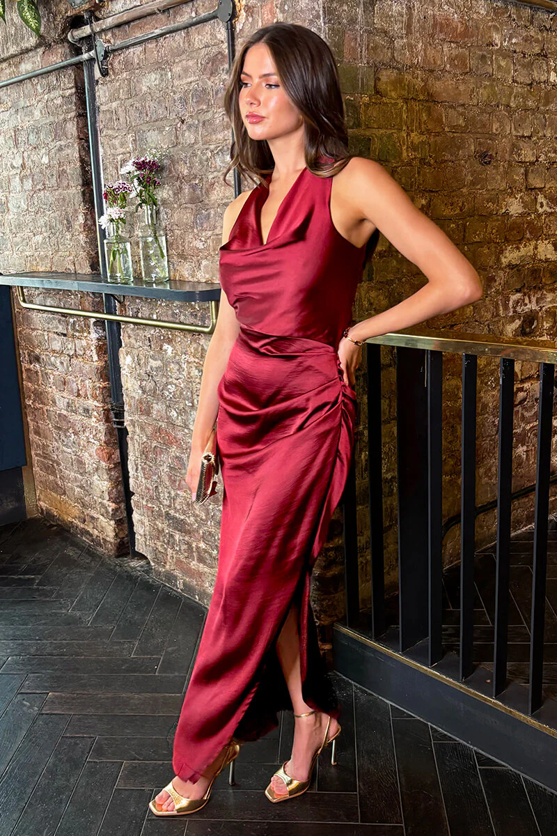 Wine Satin Cowl Neck Cross Back Midi Dress - Image 3