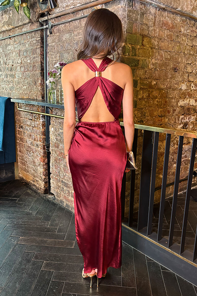 Wine Satin Cowl Neck Cross Back Midi Dress - Image 5