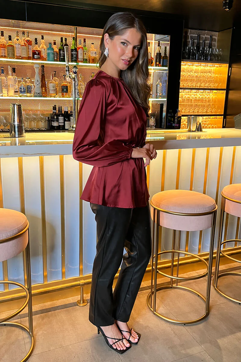Wine Satin Long Sleeve Gold Detail Belt Top - Image 4