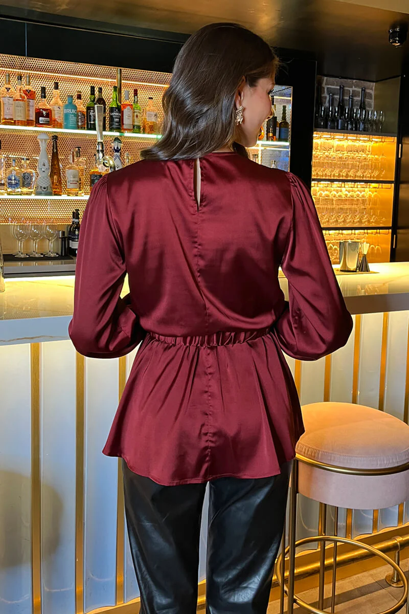 Wine Satin Long Sleeve Gold Detail Belt Top - Image 5