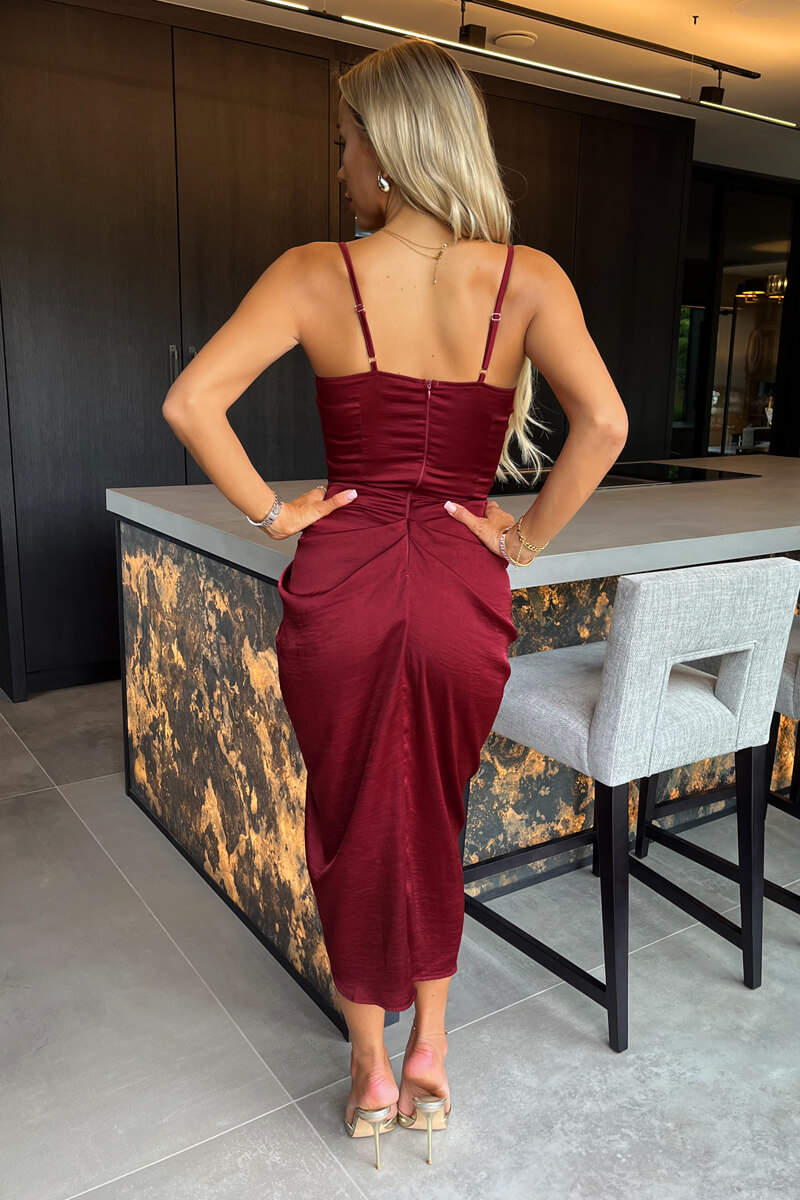 Wine Satin Strappy Cowl Neck Gathered Skirt Midi Dress - Image 4