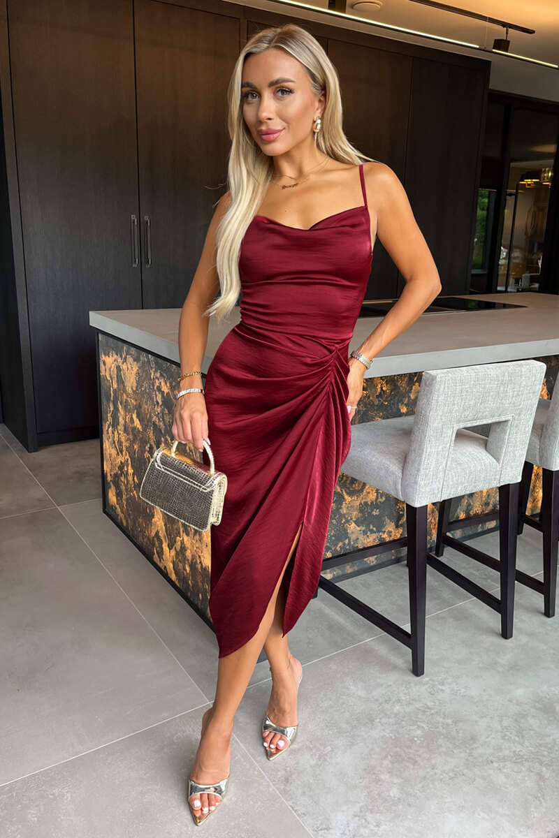 Wine Satin Strappy Cowl Neck Gathered Skirt Midi Dress - Image 5