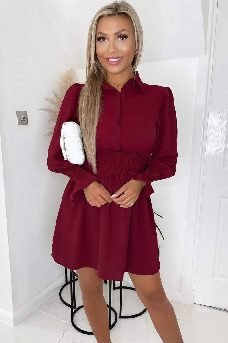 Wine Shirred Waist Long Sleeve Shirt Dress - Image 2
