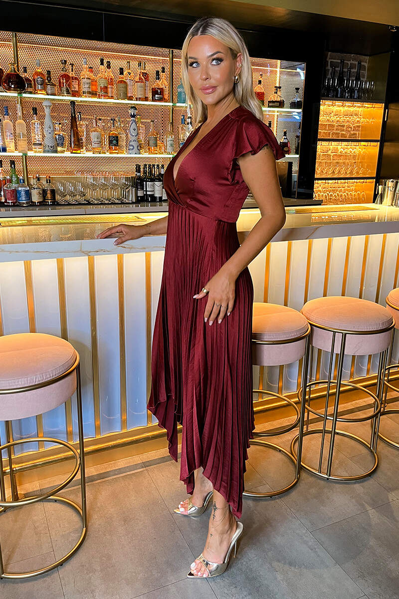 Wine Wrap Top Zig Zag Hem Pleated Midi Dress - Image 4