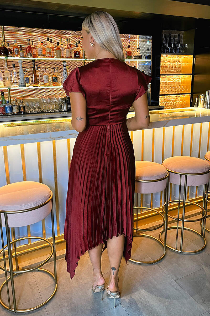 Wine Wrap Top Zig Zag Hem Pleated Midi Dress - Image 5