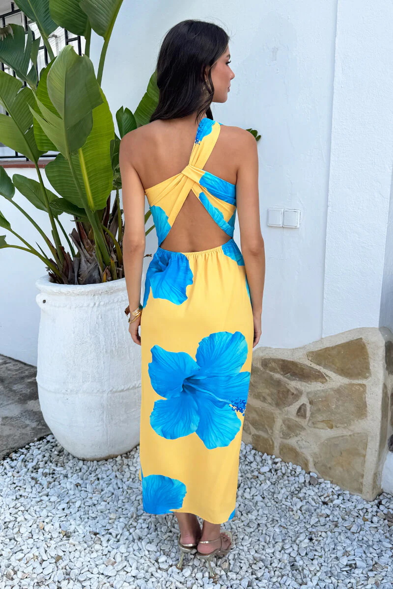 Yellow And Blue Floral Print One Shoulder Twist Back Midi Dress - Image 5